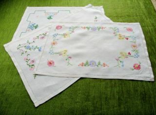 Vintage Tray Cloths - Hand Embroidered - Col.  X 3 - Linen