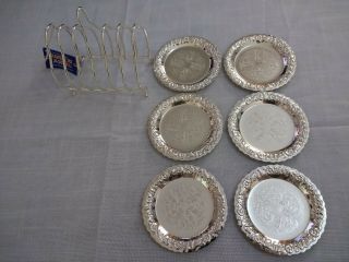 Vintage Set Of 6 Queen Anne Silver Plated Coasters Or Mini Dishes With Stand