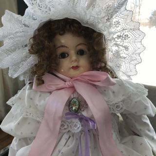Antique Papier Mache Doll,  Lightly Restored With Vintage Dress And Pin