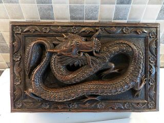 Antique Chinese Box With Hand Carved Dragon In Relief Also Inside Lid - Lock& Key