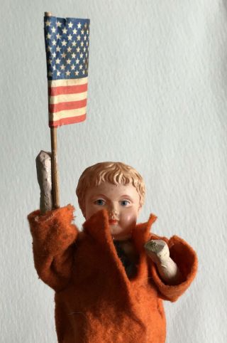 Antique Patriotic Doll Waves Flag,  Squeaker Celluloid,  Wood July 4th