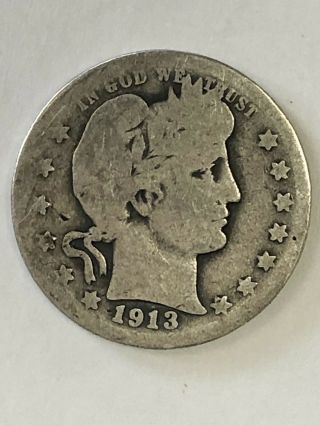 Antique Circulated 1913 D Silver Barber Quarter 25 Cent Piece Brad