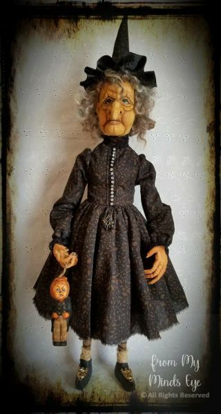 Primitive Folkart Halloween Witch Old Crone Hag Ooak Signed Art Doll Pumpkin Boy
