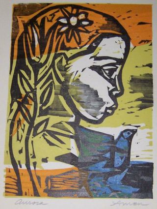 " Amen " Signed & Framed Color Woodcut By Irving Amen Mid - Century Modern