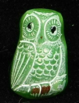 Antique Vtg Button Green Moonglow Glass Owl W Painted White Feathers K