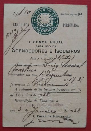 Antique Old Portuguese License For Use Of Lighter - Year 1938