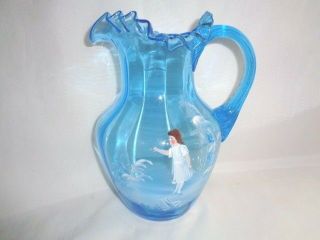 Antique Victorian Ice Blue Water Pitcher - H/p Mary Gregory