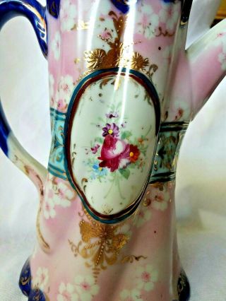 Antique Unmarked Nippon Moriage Hand Painted Apple Blossom Chocolate Coffee Pot 2