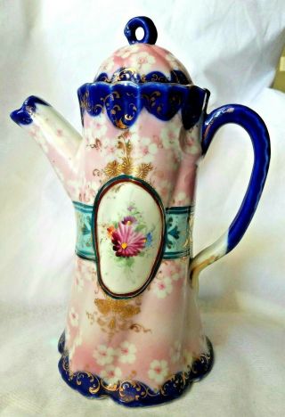 Antique Unmarked Nippon Moriage Hand Painted Apple Blossom Chocolate Coffee Pot 3