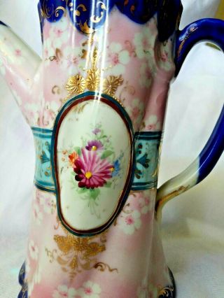 Antique Unmarked Nippon Moriage Hand Painted Apple Blossom Chocolate Coffee Pot 4