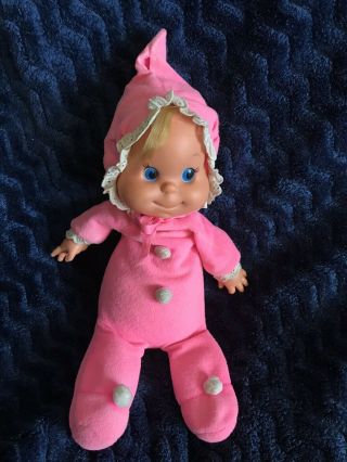 Vtg 1970 Mattel Pink Baby Beans Doll Lace Bonnet Bean Antique Blue Eyes Blonde