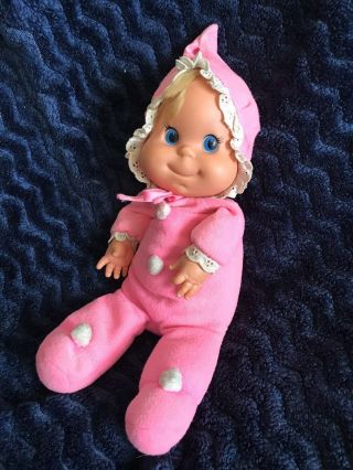 VTG 1970 Mattel PINK Baby Beans Doll Lace Bonnet Bean Antique Blue Eyes Blonde 2