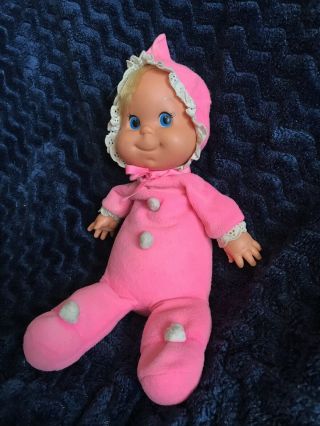 VTG 1970 Mattel PINK Baby Beans Doll Lace Bonnet Bean Antique Blue Eyes Blonde 6