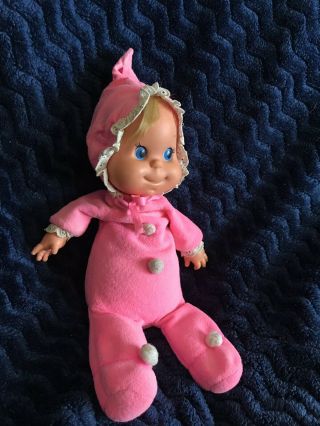 VTG 1970 Mattel PINK Baby Beans Doll Lace Bonnet Bean Antique Blue Eyes Blonde 8