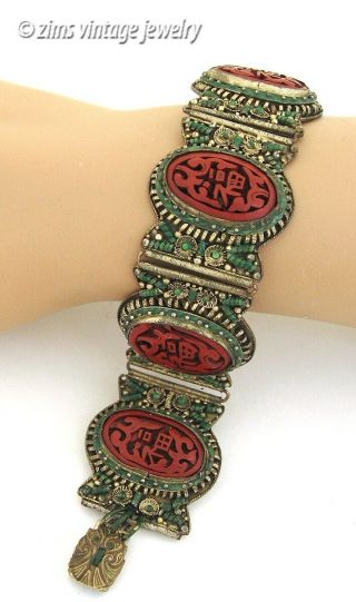 Antique Chinese Art Deco Era Gold Filigree Carved Cinnabar Green Enamel Bracelet