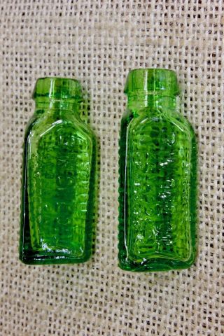 Two 3 In 1 One Oil Tiny Antique Sample Green Triangular Ribbed Bottle Cork Top