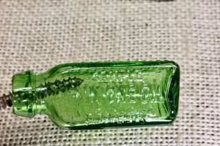 TWO 3 in 1 One Oil Tiny Antique SAMPLE Green Triangular Ribbed Bottle cork top 3