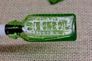 TWO 3 in 1 One Oil Tiny Antique SAMPLE Green Triangular Ribbed Bottle cork top 5