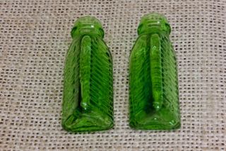 TWO 3 in 1 One Oil Tiny Antique SAMPLE Green Triangular Ribbed Bottle cork top 6