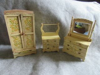 Vtg Dollhouse Miniature,  Wood Betroom Set - Hand - Painted