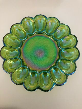Antique Carnival Glass Egg Platter Plate Green Colors
