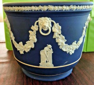 Antique 19th C.  Wedgwood Dark Blue White Jasperware Planter Cache Pot " The Muses