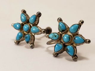 Antique Zuni American Indian Sterling Silver Turquoise Screwback Star Earrings