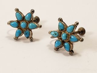 ANTIQUE ZUNI AMERICAN INDIAN STERLING SILVER TURQUOISE SCREWBACK STAR EARRINGS 2