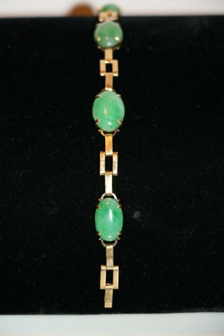 Estate Antique Deco Solid 14k Gold Apple Green Jade Jadeite Heavy Link Bracelet