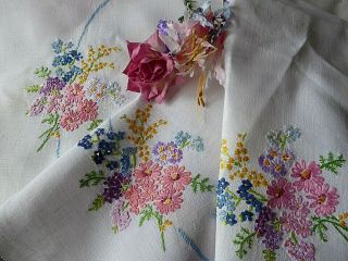 Vintage Hand Embroidered Tablecloth=exquisite Floral Bouquets