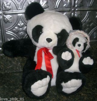 11 " Vintage Kids Of America Corp Panda Teddy Bear W/ Baby Stuffed Animal Plush