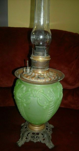 Antique 1895 Consolidated Gwtw Parlor Oil Lamp Green Vaseline??? Glass