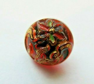 Stunning Antique Vtg Victorian Ruby Red Glass Button W/ Enamel & Luster (ab)