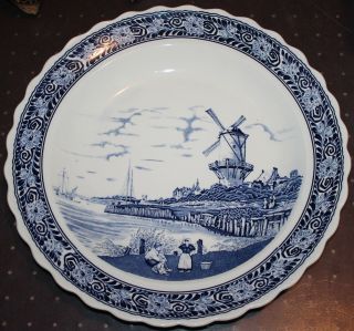 Vintage 16 3/8 Inch Blue (delft?) Charger Plate Platter Windmill Sea Coast Scene