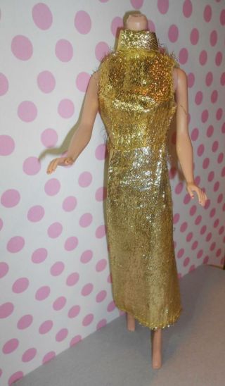 Vintage Barbie Clone Fab - Lu Maddie Mod Long Gold Metallic Gown Dress