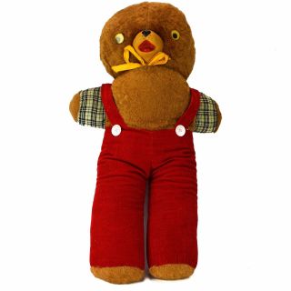 Vintage Plush Teddy Bear Antique Large Stuffed Animal Handmade Red Suspenders
