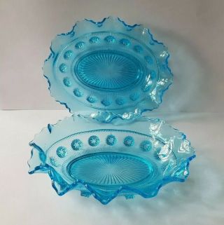 Antique Art Deco Davidson Turquoise Pressed Glass Blackberry Prunt Oval Dishes