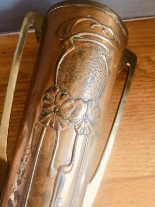 Antique Jugendstil Art Nouveau Copper Tall Vase 2 Brass Handles Repousse Design 3