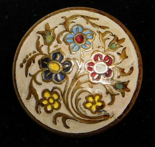 Antique Vtg Button Victorian Flowers In Champleve Enamel Convex Brass 3/4 B9