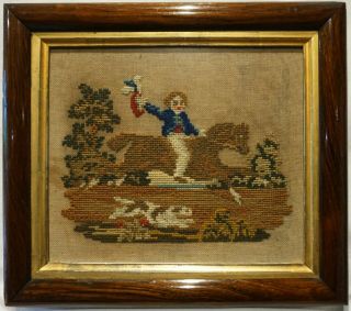 Small Mid/late 19th Century Wool Work Of A Boy On His Horse & His Dog - C.  1870