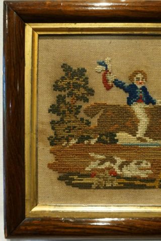 SMALL MID/LATE 19TH CENTURY WOOL WORK OF A BOY ON HIS HORSE & HIS DOG - c.  1870 2