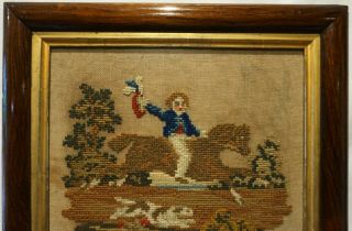 SMALL MID/LATE 19TH CENTURY WOOL WORK OF A BOY ON HIS HORSE & HIS DOG - c.  1870 4