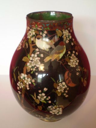 Stunning Antique Black Cloisonne Vase With Birds & Floral Design