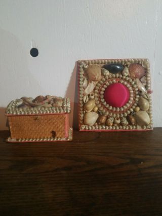 Antique Sea Shell Art Trinket Jewelry Box Victorian Maritime Sailor Pin Cushion