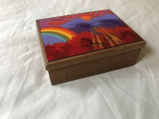Vintage Enamel On Copper Painted Wood Box Artisan Rainbow Clouds Sky Sun Birds