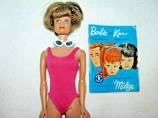 Vintage Barbie Midge Doll In Swimsuit With Booklet & Sunglasses