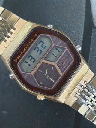 Vintage Citizen Dual Time Gold Alarm Chronograph 41 - 9028 Ana - Digi Japan Watch