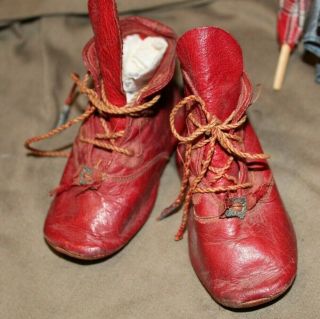 Antique Red Leather Doll Shoes,  W/ Buckles,  Good Shape