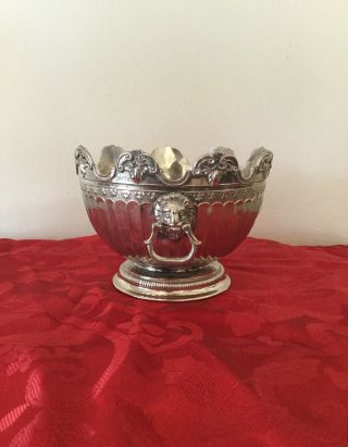 Vintage Silver Plated Monteith Bowl With Lion Head Handles And Footed Bowl.