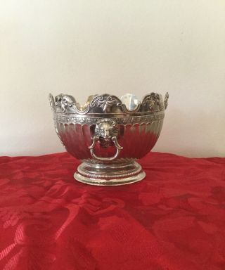 Vintage Silver Plated Monteith Bowl With Lion Head Handles And Footed Bowl. 3